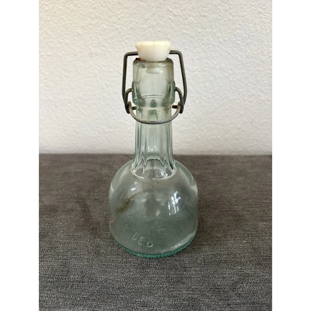 Vintage Mod Dep VE Aqua Glass Bottle 250ml Stopper With‎ Handle Read